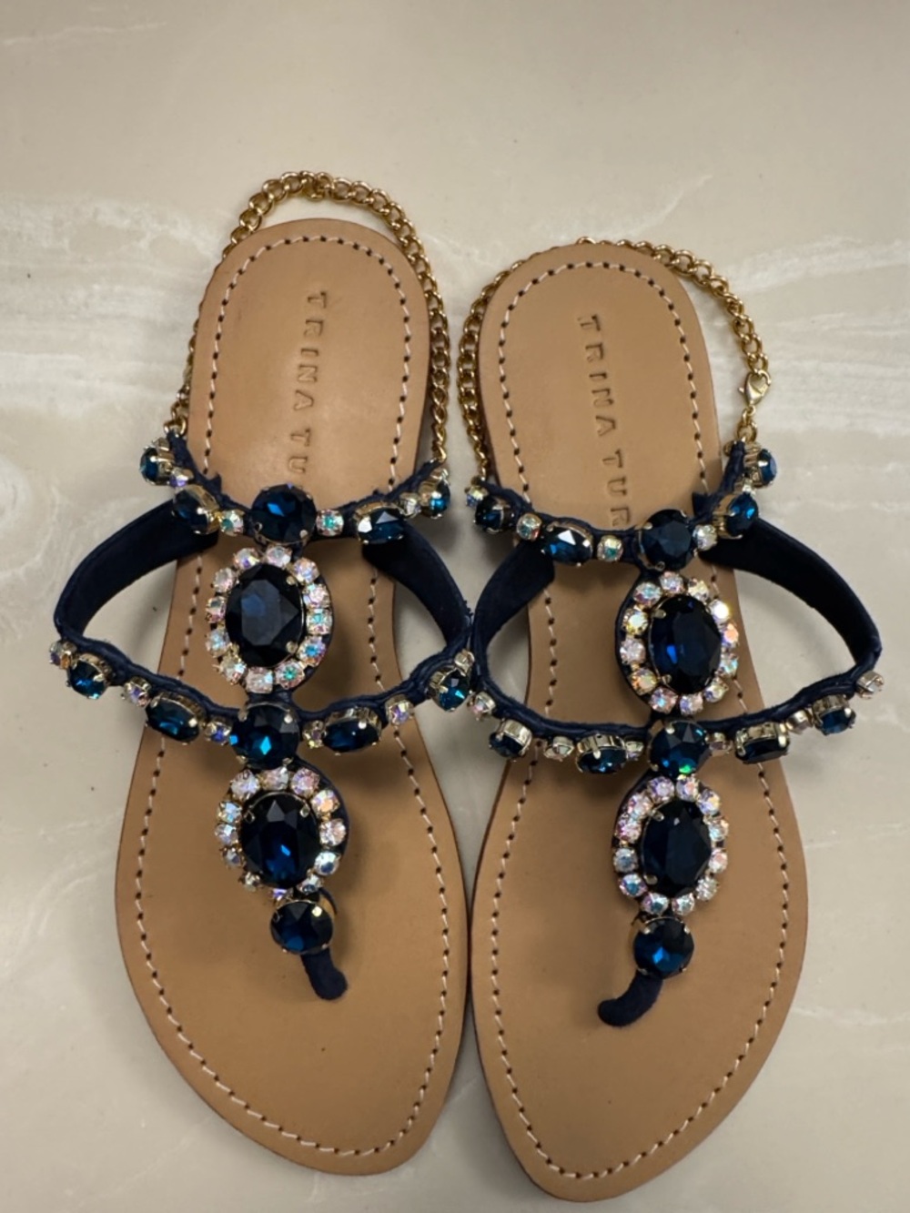 Trina Turk Navy Blue Jewel T-Strap Sandals with Gold Chain
